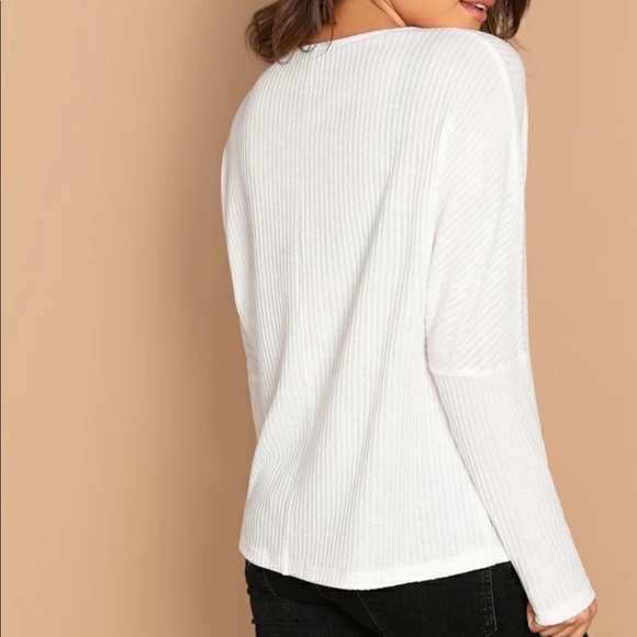 Ribbed knit long sleeve tee top white - Picture 2 of 3